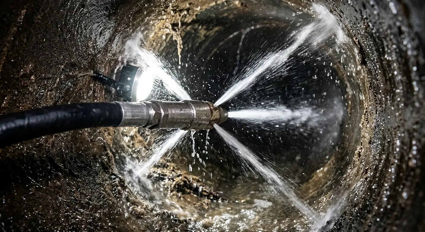 High-pressure hydro jetting nozzle cleaning sewer pipe for Sewer Line Relining in Oakland