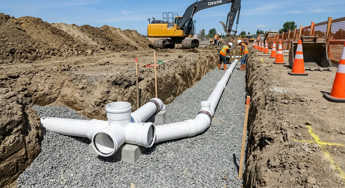 New PVC sewer pipe installation in open trench for Grease Trap Cleaning in Oakland