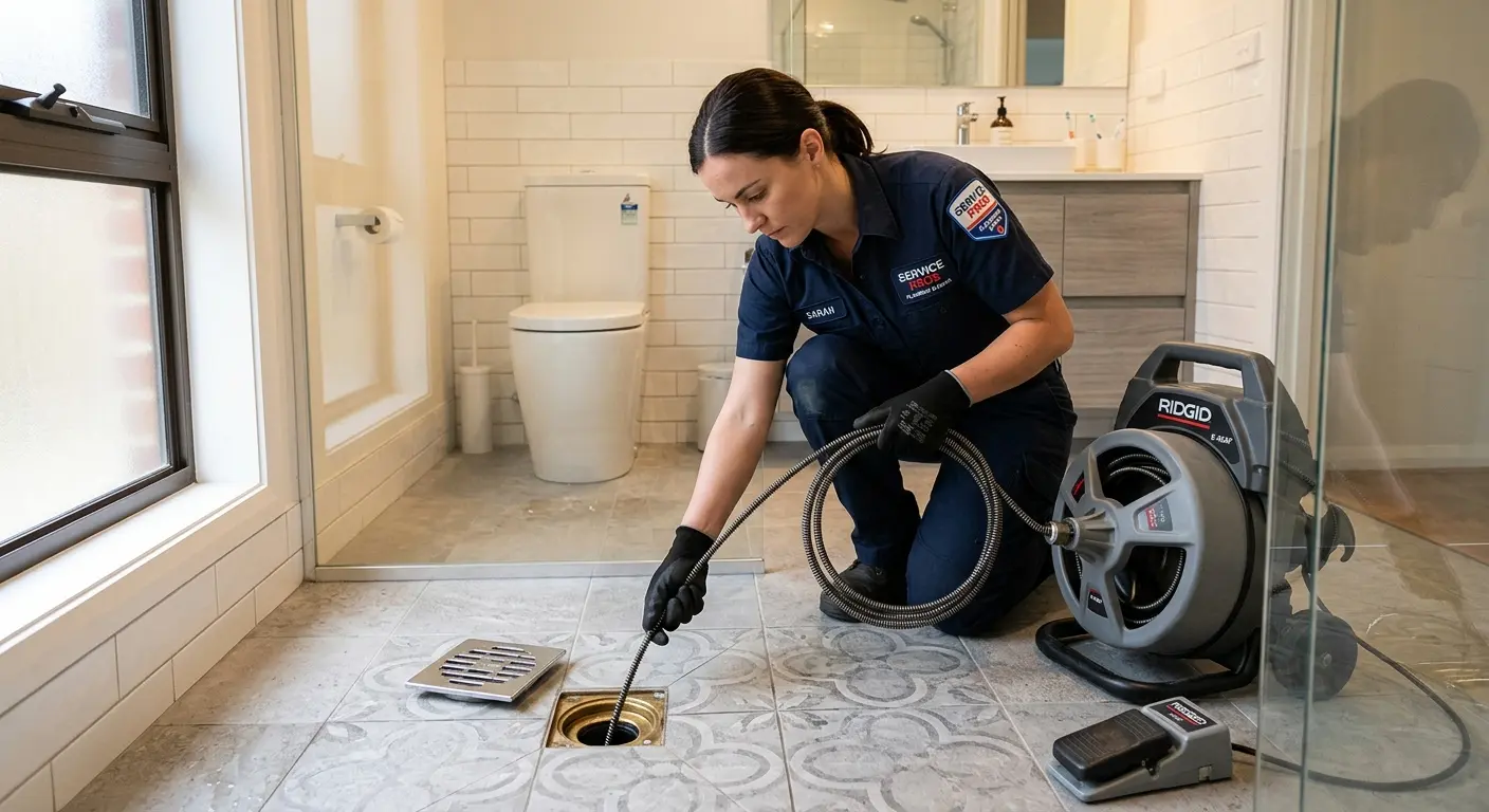 Technician clearing a bathroom floor drain for Drain Cleaning in Oakland